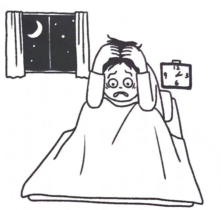 ​夜中に眠れず、激しく後悔して頭を抱える人のイラスト