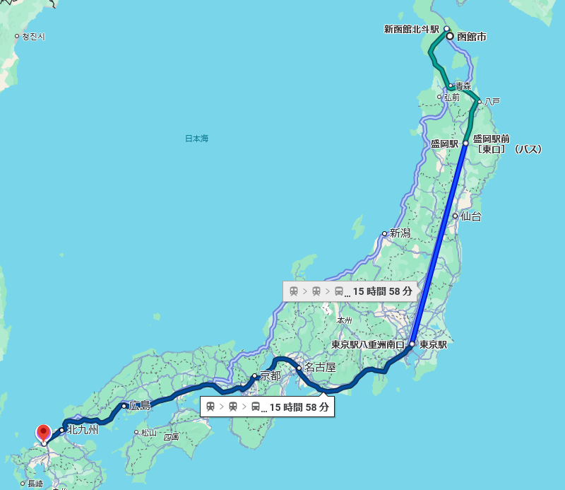 函館市から福岡市までの移動経路を表した地図
