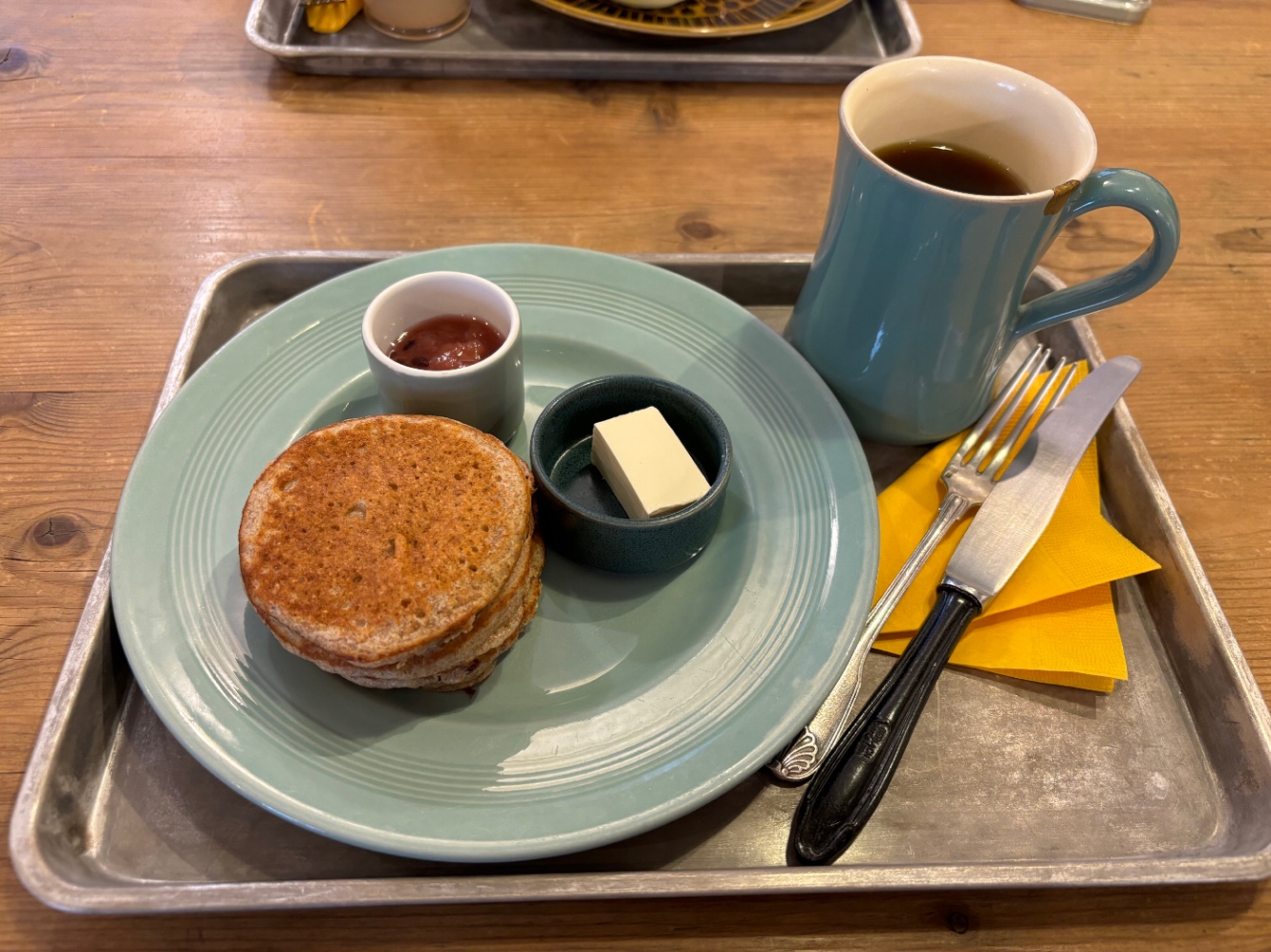 パンケーキセット　パンケーキとバターとジャムとコーヒー