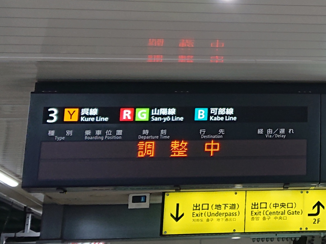 駅のホームの電光掲示板に表示された「調整中」の文字