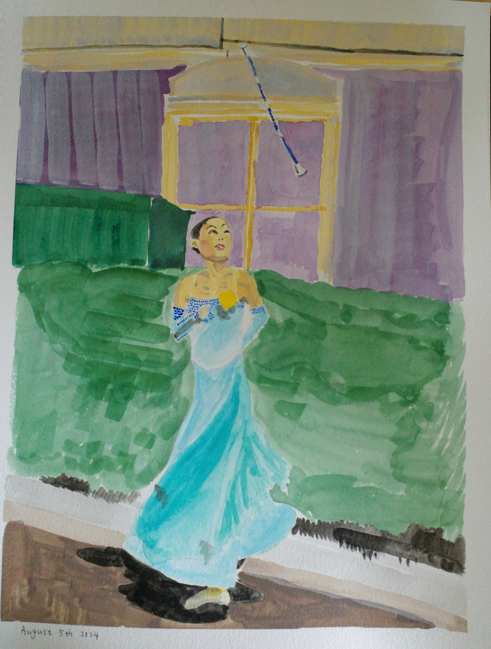 Acrylic paint on paper. A girl is tossing a batton.