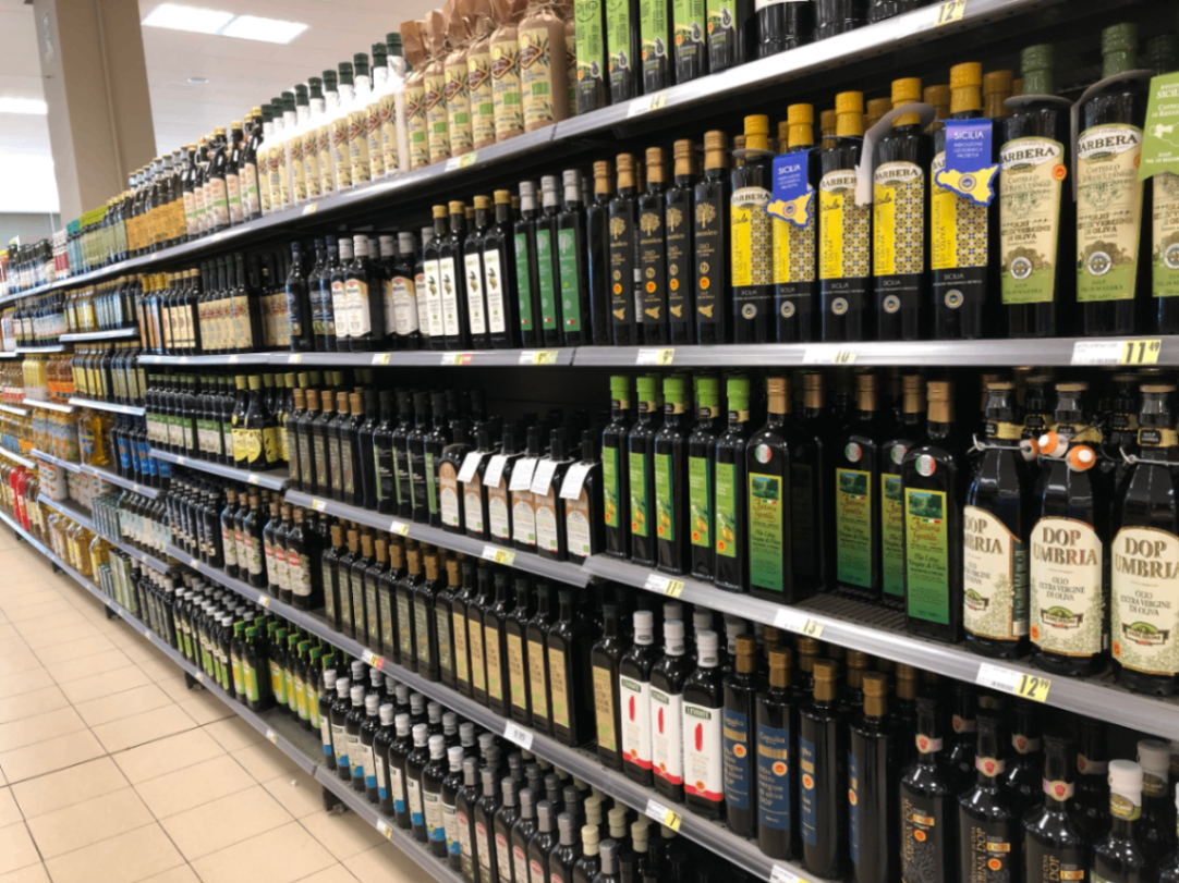 The olive oil section at a supermarket