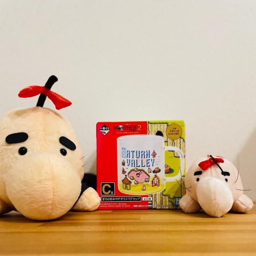 大きなどせいさんと小さなどせいさんのぬいぐるみ。間にサターンバレーのガラスマグ。