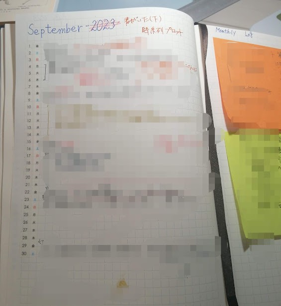 小説のネタバレになるのでモザイクかけていますが、キャラクターに何があったのかなどをを月ごとで詳細に書いてます。付箋には設定メモを記入