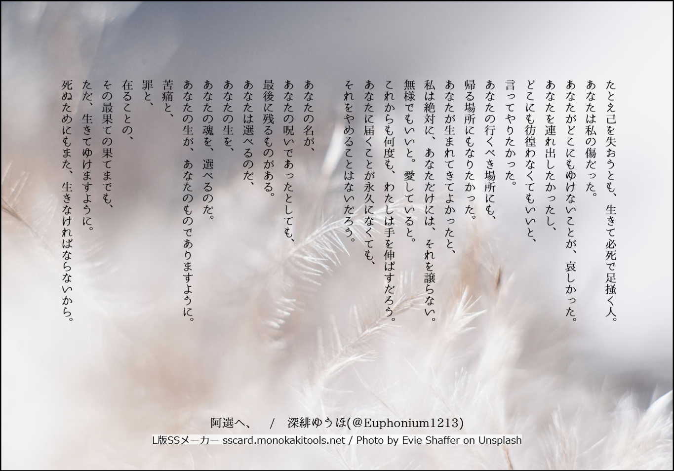 たとえ己を失おうとも、生きて必死で足掻く人。 あなたは私の傷だった。 あなたがどこにもゆけないことが、哀しかった。　 あなたを連れ出したかったし、 どこにも彷徨わなくてもいいと、 言ってやりたかった。 あなたの行くべき場所にも、 帰る場所にもなりたかった。 あなたが生まれてきてよかったと、 私は絶対に、あなただけには、それを譲らない。 無様でもいいと。愛していると。 これからも何度も、わたしは手を