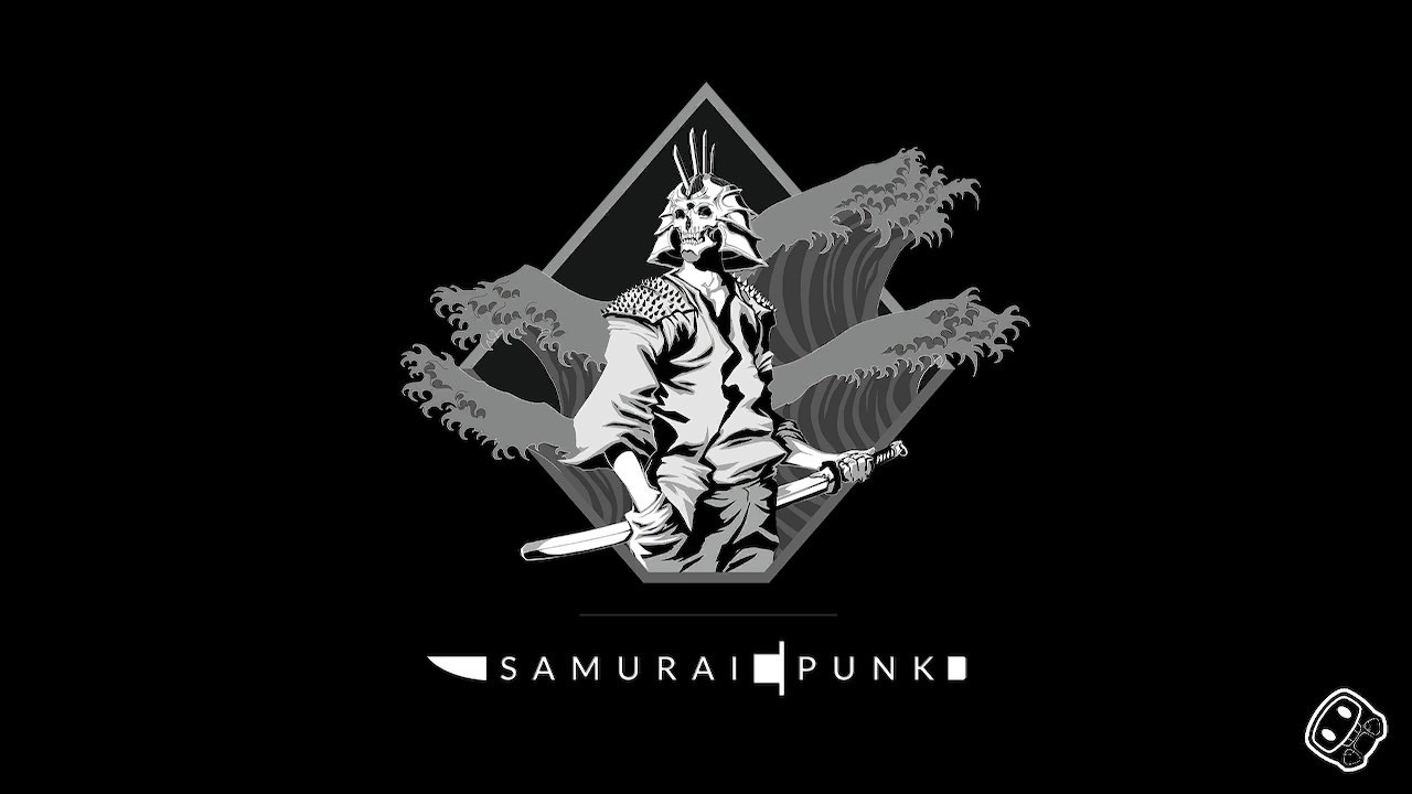 Samurai Punkのロゴ。左手に刀を携えた骸骨頭に甲冑を被った人間？が遠くを見つめている。後ろには波が描かれている。