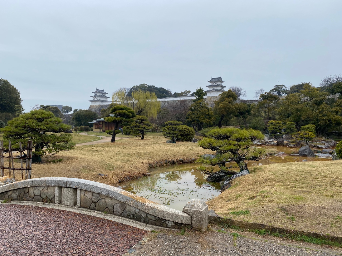 明石公園内の写真。低く整えられた松の木や石橋の向こう側に、城跡が見える。曇り空。