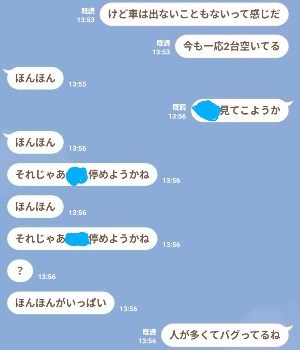 LINEのやりとりのスクリーンショット。『ほんほん』という短い返事が連続して並び、途中で同じ内容のメッセージが重複送信されている。最後に『人が多くてバグってるね』という返信がある。