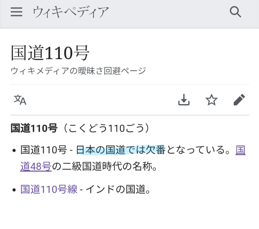 ウィキペディアのスクリーンショット。以下内容。   国道110号（こくどう110ごう）  国道110号 - 日本の国道では欠番となっている。国道48号の二級国道時代の名称。 国道110号線 - インドの国道。