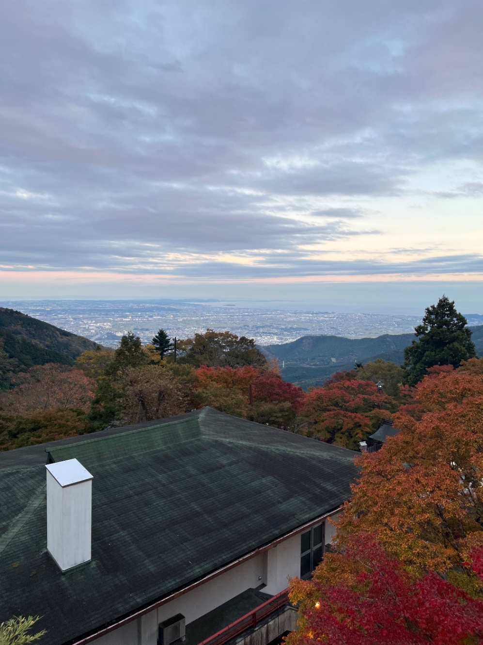 標高の高いところから紅く色づき始めた木々や遠くにみえる街を撮った風景写真