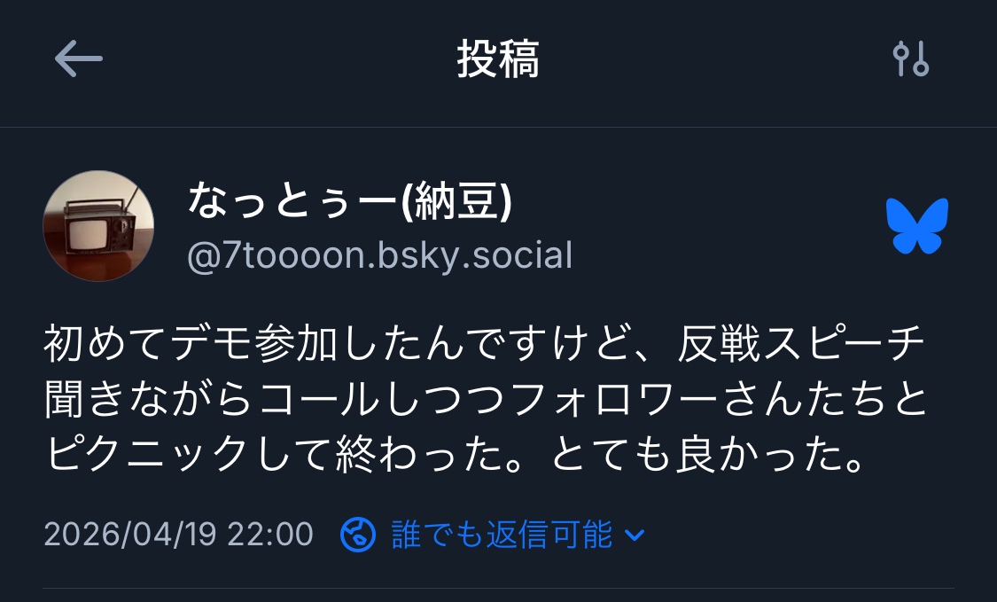 昨日の私のブルスカの投稿画面。「初めてデモ参加したんですけど、反戦スピーチ聞きながらコールしつつフォロワーさんたちとピクニックして終わった。とても良かった。」と書かれている。