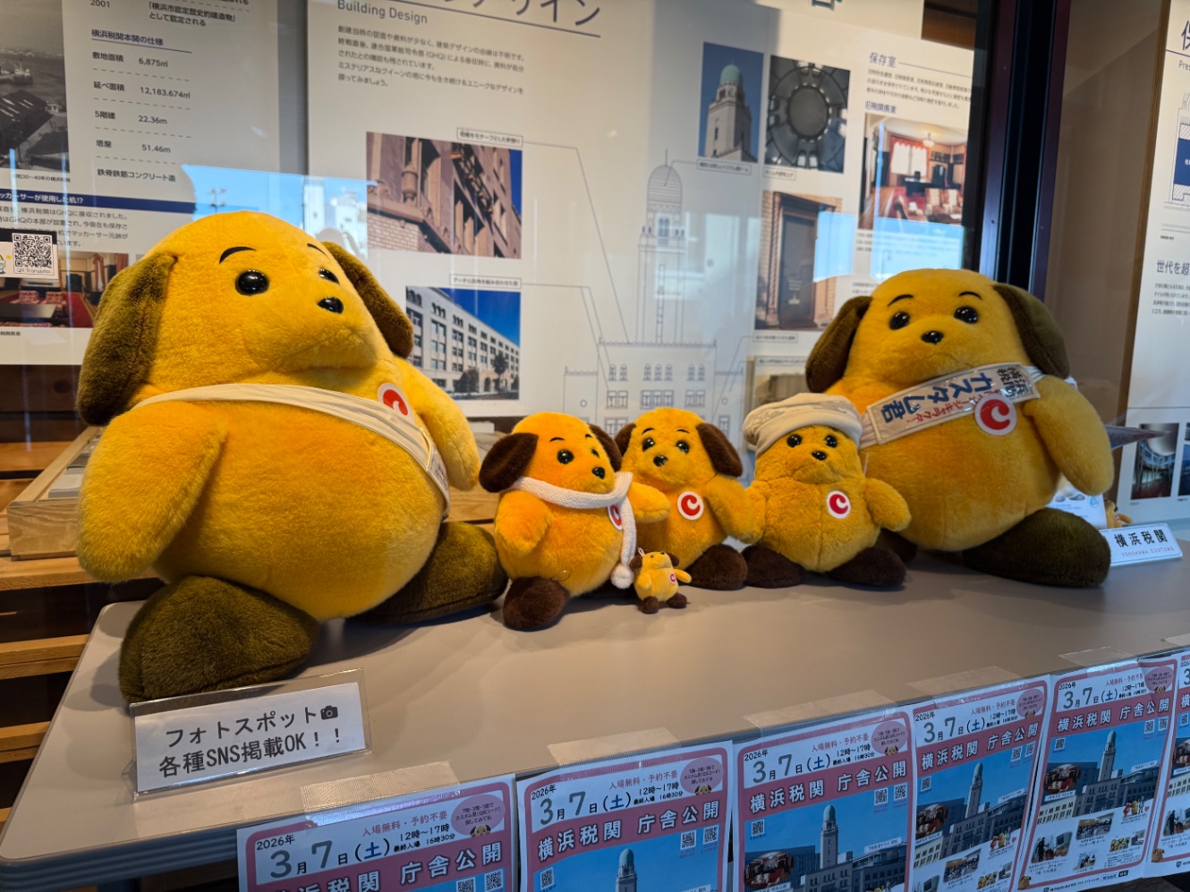 入り口に置かれたぬいぐるみ 大〜小サイズまで計6体