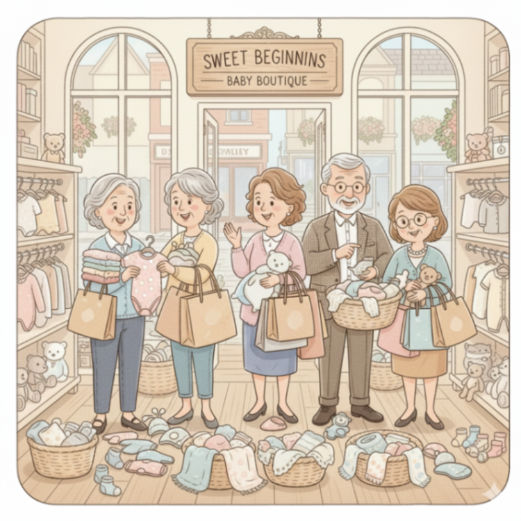 赤ちゃんの洋服を買いまくる中高年の方々のイラスト