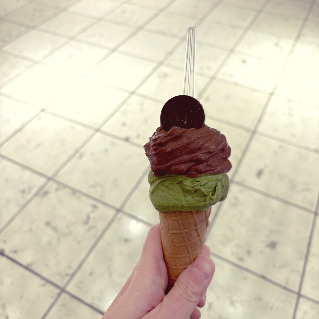 ジェラート2種類が細めのアイスクリームコーンに盛られている。