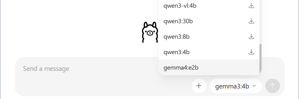 Ollama GUIでリストからgemma4:e2bを選択