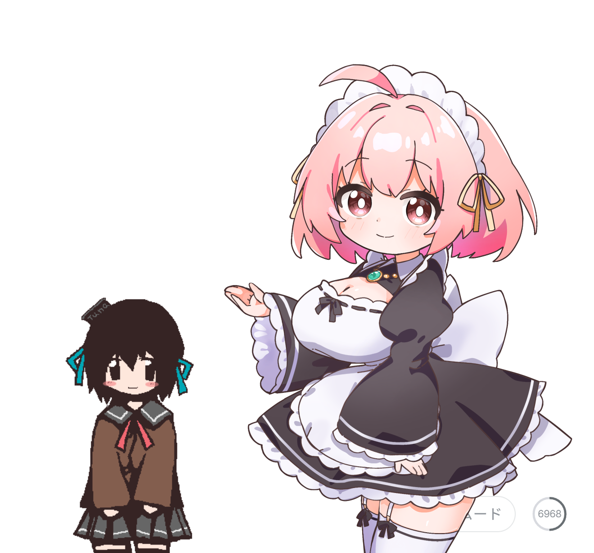 小さい方がツナ缶にしき、大きい方がピンクのでかいメイドさん