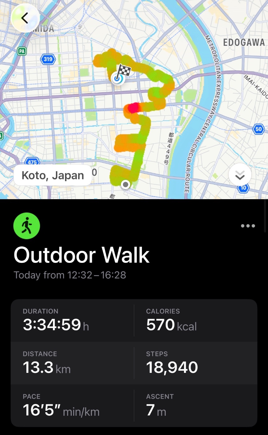 今回の散歩で通ったルートの詳細 3時間34分59秒、13.3km、18,940歩