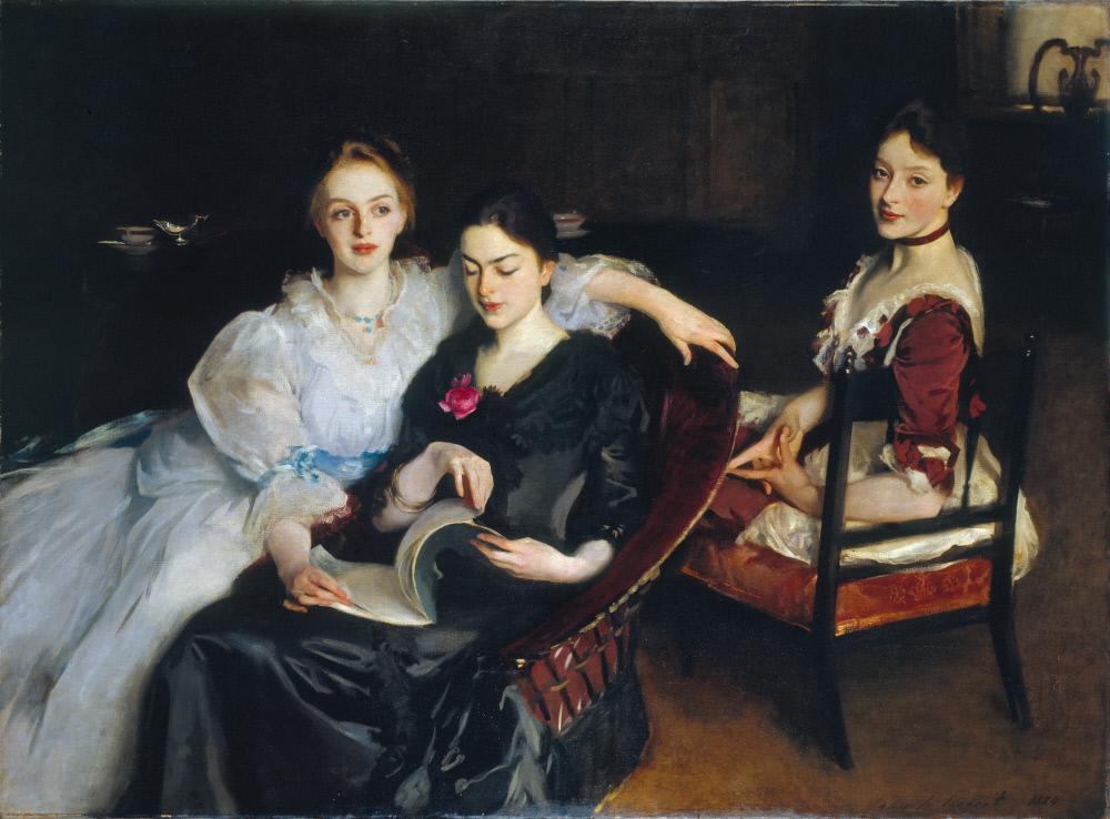 John Singer Sargent "The Misses Vickers" 1884 三人の女性が座っている肖像画。右に赤いドレスのを着た女性が木の椅子に座って体をひねってこちらを振り返り、中央の黒いドレスの女性は赤いベルベットの椅子に座って雑誌をめくって目を伏せており、左の水色のドレスの女性が中央の女性に片手をかけて右のほうに流し目している